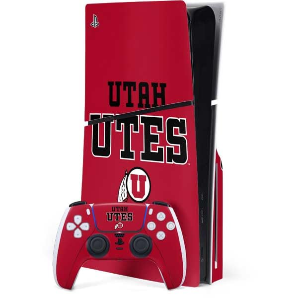 Skinit Decal Gaming Skin Compatible with PS5 Slim Disk Bundle - Officially Licensed University of Utah Utes Text on Red Design