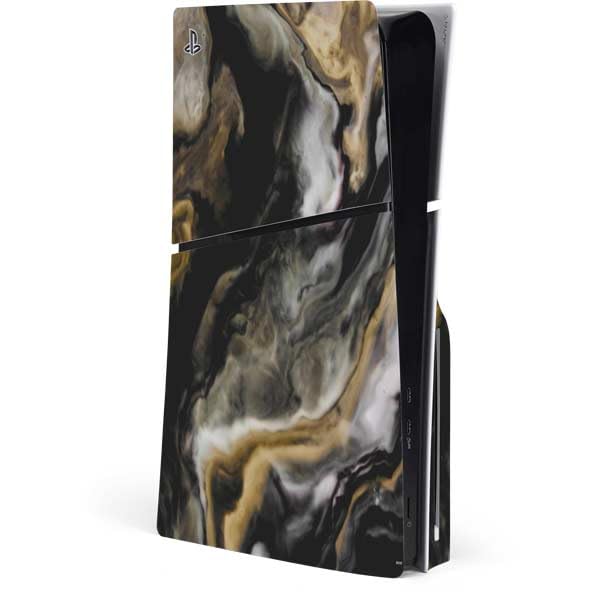 Skinit Decal Gaming Skin Compatible with PS5 Slim Disk Console - Gold Blush Marble Ink Design