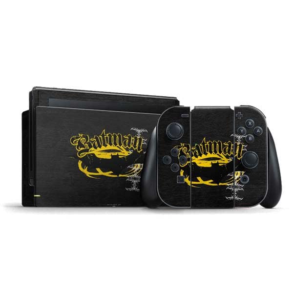 Skinit Decal Gaming Skin Compatible with Nintendo Switch Bundle - Officially Licensed DC Comics Batman Dark Knight Logo Yellow & Black Design