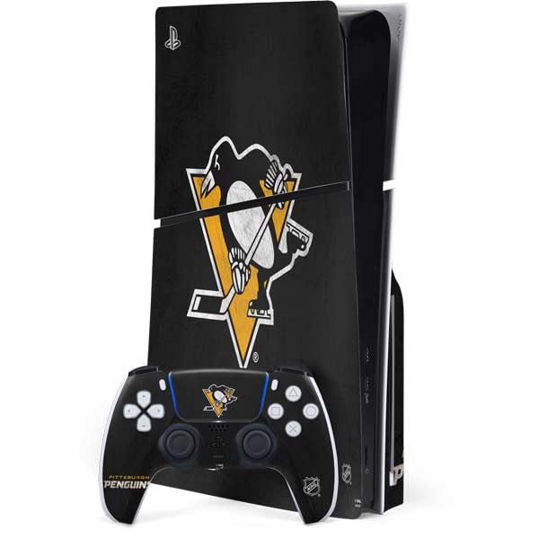 Skinit Decal Gaming Skin Compatible with PS5 Slim Disk Bundle - Officially Licensed NHL Pittsburgh Penguins Distressed Design