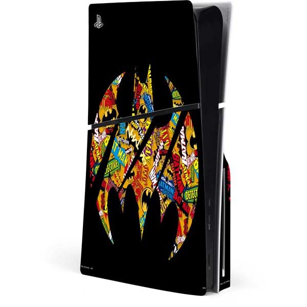 Skinit Decal Gaming Skin Compatible with PS5 Slim Disk Console - Officially Licensed DC Comics Batman Silhouette Logo Vintage Pattern Design