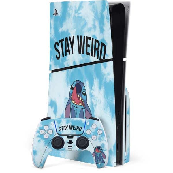 Skinit Decal Gaming Skin Compatible with PS5 Slim Disk Bundle - Officially Licensed character-themed Lilo and Stitch Stay Weird Design