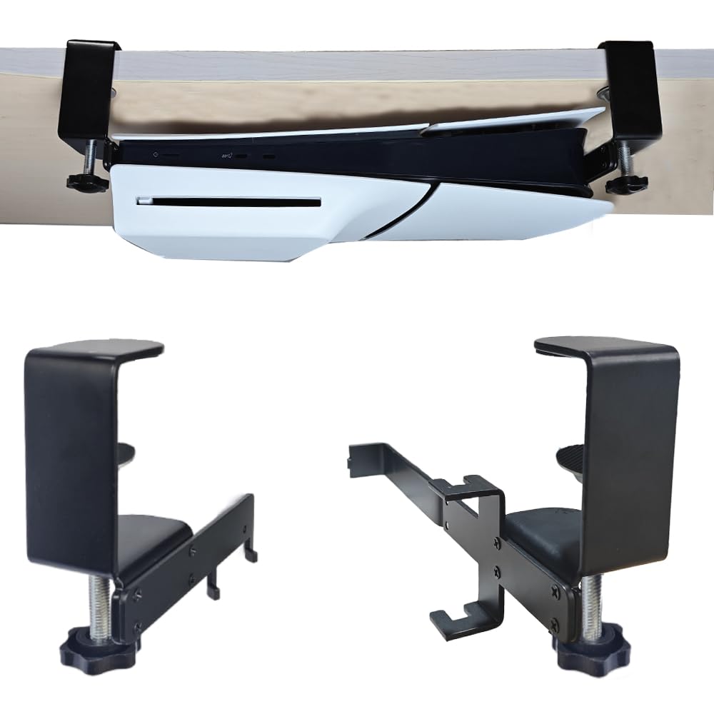 Cryusnox Under Desk Mount for PS5 Slim(Strong clamp installation Tool-free No Drill No tape Stealth profile Enduring paint finish Compatible with PlayStation 5 Slim Disc & Digital Edition Console Black)