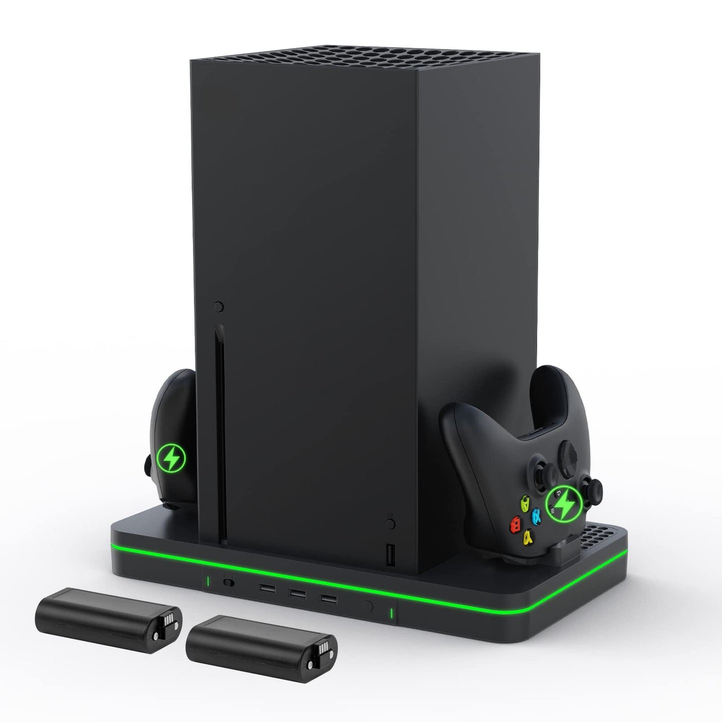 Charging Stand with Cooling Fan CODOGOY Vertical Stand Compatible with Xbox Series X/S Console&Controller Dual Controller Charger Station Dock with 3 USB Ports 2*1100 mAh Rechargeable Battery Packs