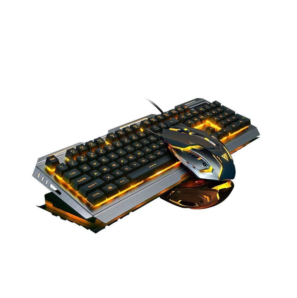 Bekizo Iron Orange Yellow Gaming Keyboard Mouse Combo, 104-Key Metallic Backlit, LED Color Change, Peach for PC/Xbox/PS4
