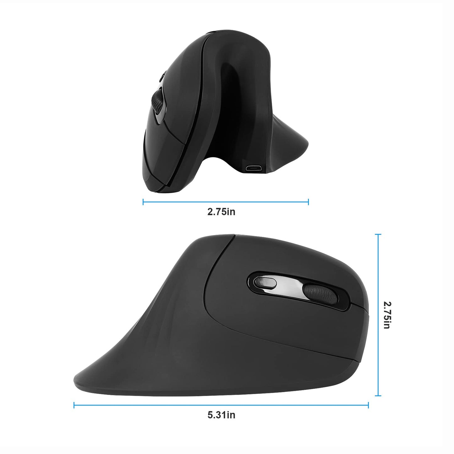 YOCUNKER USB Rechargeable Wireless Vertical Mouse - Ergonomic 6 Buttons, L Size, Black, Reduces Wrist Strain, Compatible with Mac/PC/Laptop