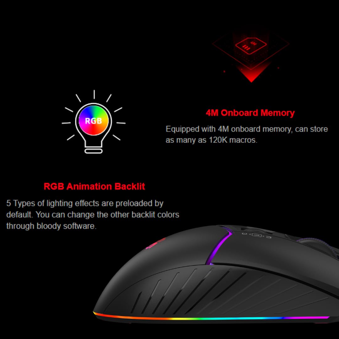 Bloody W95BR Max Extra Fire Gaming Mouse - 12,000 CPI, RGB Backlit, Ergonomic Design, Adjustable LOD, 2000 Hz Report Rate