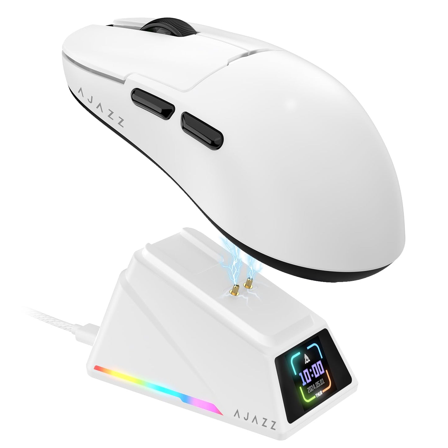 Yindiao AJAZZ AJ159 APEX Wireless Gaming Mouse with Magnetic Charging Base 56g Lightweight BT/2.4G/USB-C Wired Mouse PAW3950APEX 42K DPI Optical Sensor Programmable Buttons for PC/Mac/Win(White)