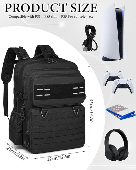 BISKLNDN Tactical Gaming Backpack for PS5, Fits PS5/PS4, 17.7"x12.6"x8.3", Black, Model F010