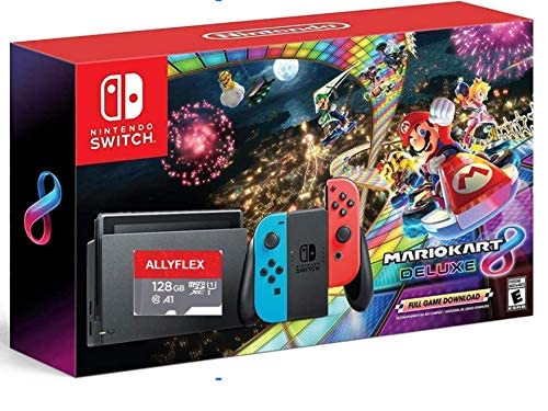 Newest Nintendo Switch w/ Neon Blue & Neon Red Joy-Con + Mario Kart 8 Deluxe Game 6.2 Touchscreen LCD Display 802.11AC WiFi Bluetooth 4.1 - Red and Blue + AllyFlex 128GB Micro SD (Renewed)