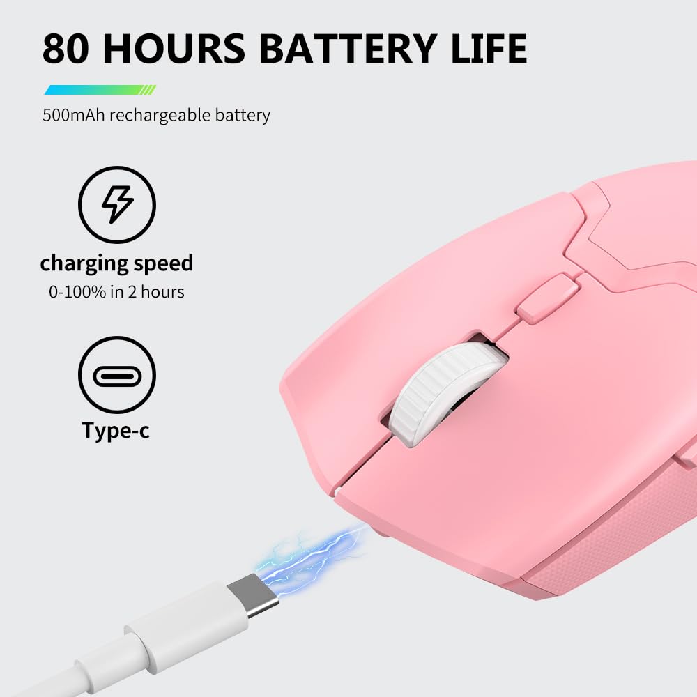 DeLUX M800PRO Wireless Gaming Mouse - Rechargeable, 26000DPI PAW3395 Sensor, Tri-Mode, Huano Pink Switches, Rose Color