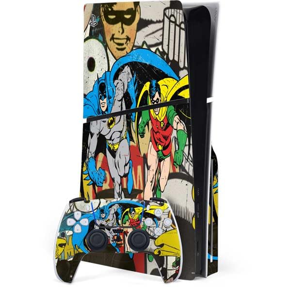 Skinit Decal Gaming Skin Compatible with PS5 Slim Disk Bundle - Officially Licensed DC Comics Batman and Robin Vintage Action Pose Design