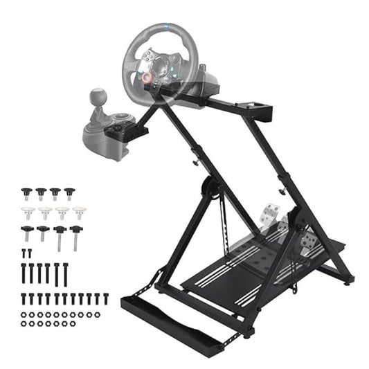 JustSmart X-Shaped Steering Wheel Game Stand - Height Adjustable, Chair Fixing Seat Slot, Cup Holder, Compatible with Logitech
