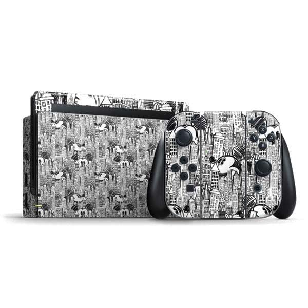 Skinit Decal Gaming Skin Compatible with Nintendo Switch Bundle - Officially Licensed Disney Mickey Mouse Cityscape Sketch Design