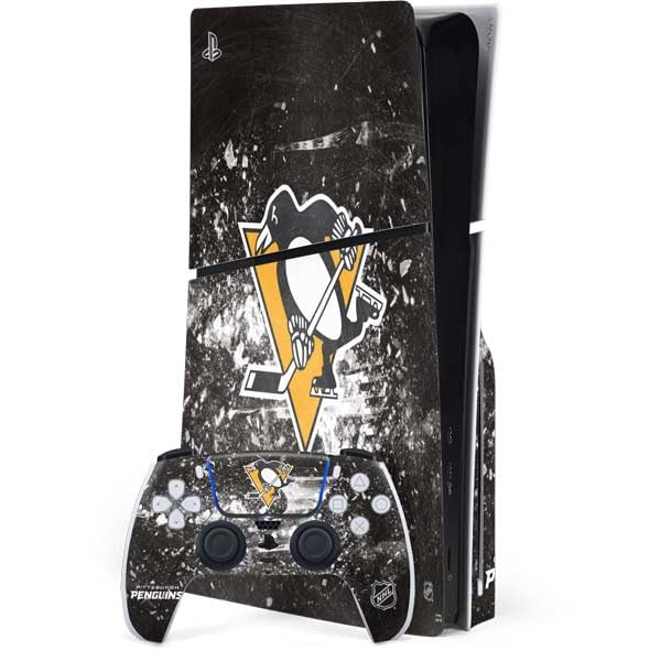 Skinit Decal Gaming Skin Compatible with PS5 Slim Disk Bundle - Officially Licensed NHL Pittsburgh Penguins Frozen Design