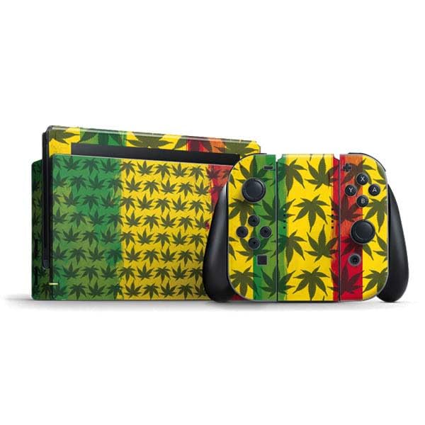 Skinit Decal Gaming Skin Compatible with Nintendo Switch Bundle - Marijuana Rasta Pattern Design