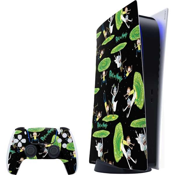 Skinit Decal Gaming Skin Compatible with PS5 Bundle - Officially Licensed Adult Swim Rick and Morty Portal Pattern Design