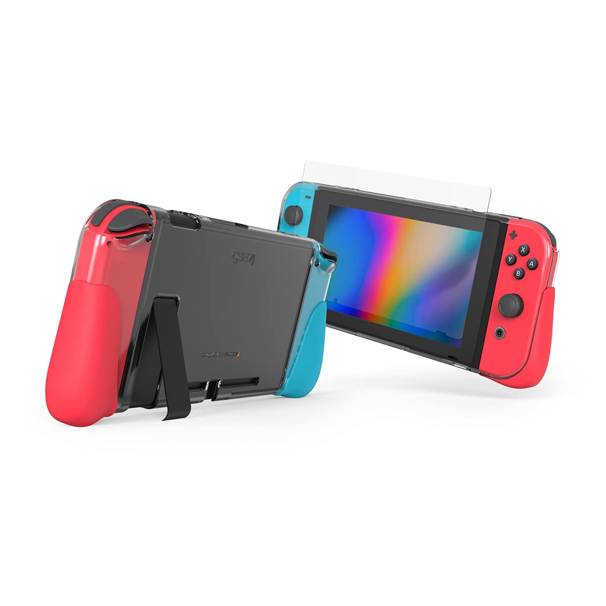 ZAGG Gear4 Kita Grip 360 Slim Case & Screen Protector for Nintendo Switch - Clear Protective Case, Red & Blue Grips, Kickstand,