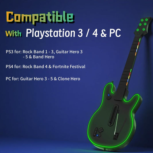 Lyvix Guitar Controller for PS4/PS3/PC - Wireless, RGB Light, Audio Jack - Model Lyvix-P5206, Black