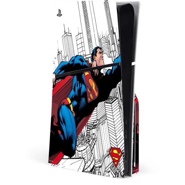 Skinit Decal Gaming Skin Compatible with PS5 Slim Disk Console - Officially Licensed DC Comics Superman Super Speed Flying Over City Design