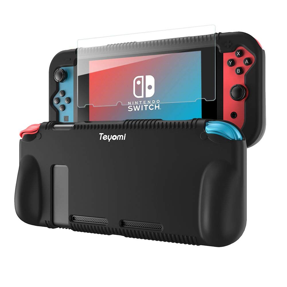 Teyomi Protective Silicone Case for Nintendo Switch Grip Cover with Tempered Glass Screen Protector 2 Storage Slots for Game Cards Shock-Absorption & Anti-Scratch (Black)