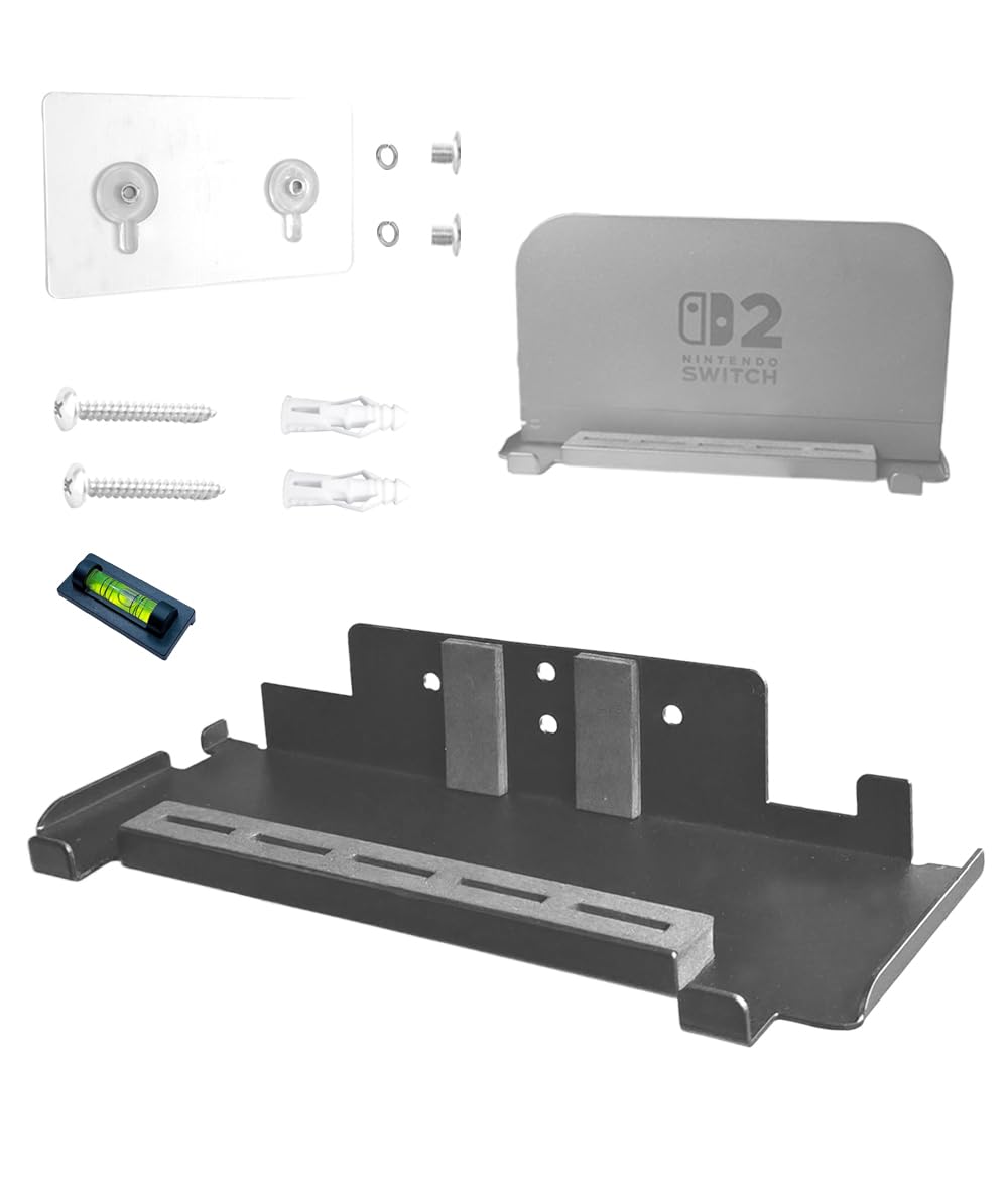 EMAQUIN Wall Mount Bracket for Nintendo Switch 2/Switch OLED(Drill Free,Heavy Duty Sticker Installation,Sturdy Metal,5 Game Card