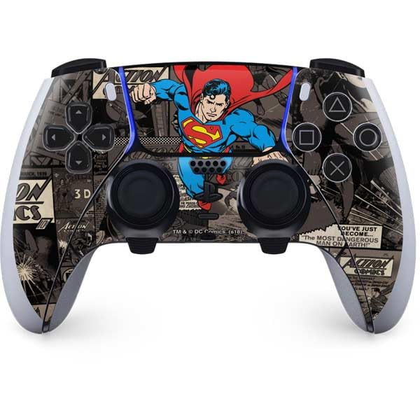 Skinit Decal Gaming Skin Compatible with PS5 DualSense Edge Pro Controller - Officially Licensed DC Comics Superman Vintage Action Pose Pattern Design