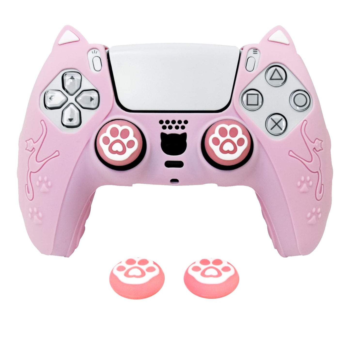 HLRAO Pink Cat Ear PS5 Controller Cover - Cute Silicone Skin with Cat & Paw Prints + 2 Matching Cat Paw Thumbstick Caps | Kawaii Non-Slip Grip for PlayStation 5 Controller