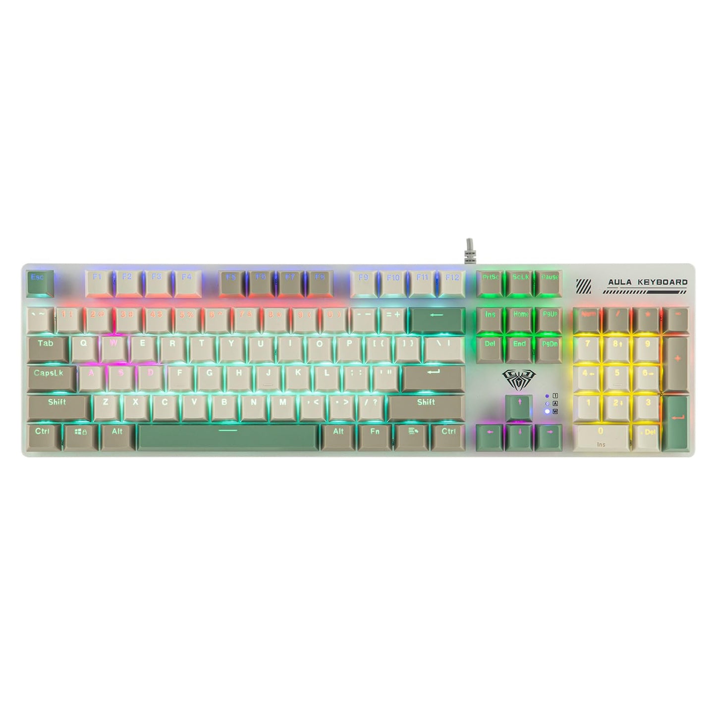 MechLands Aula S500 Wired Gaming Keyboard 100% Full Size Mechanical Keyboard with Number Pad 104 Keys NKRO RGB Backlits Shine Through Keycaps Ergonomic for PC E-Sports (White&Green Red Switch)