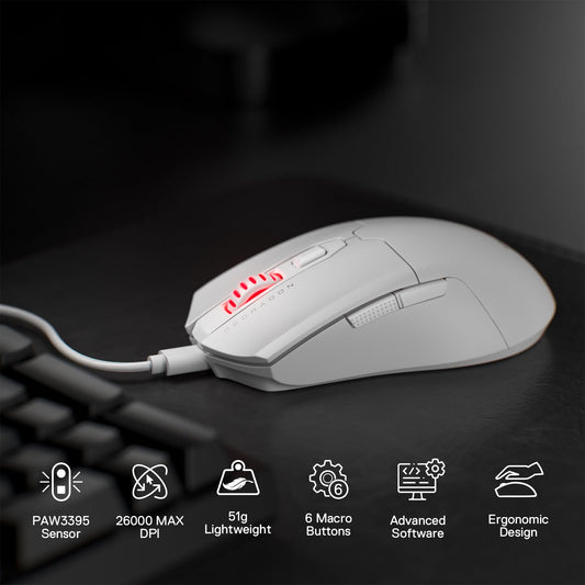 Redragon M995 Wired Gaming Mouse - 26000 DPI, 6 Programmable Buttons, 5 Backlit Modes, Ultra Lightweight, White