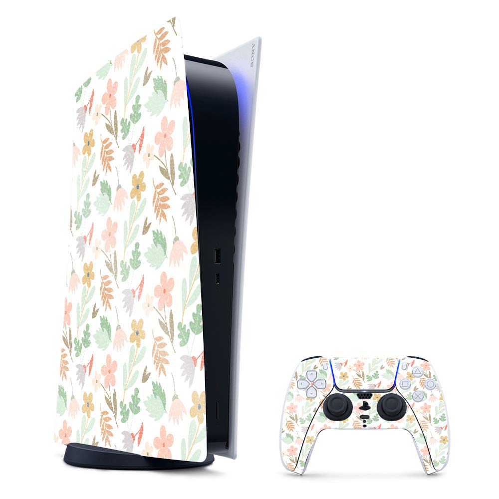 MightySkins Glossy Glitter Skin Compatible with PS5 / PlayStation 5 Digital Edition Bundle - Neutral Flowers | Protective Durable High-Gloss Glitter Finish | Easy to Apply | Made in The USA