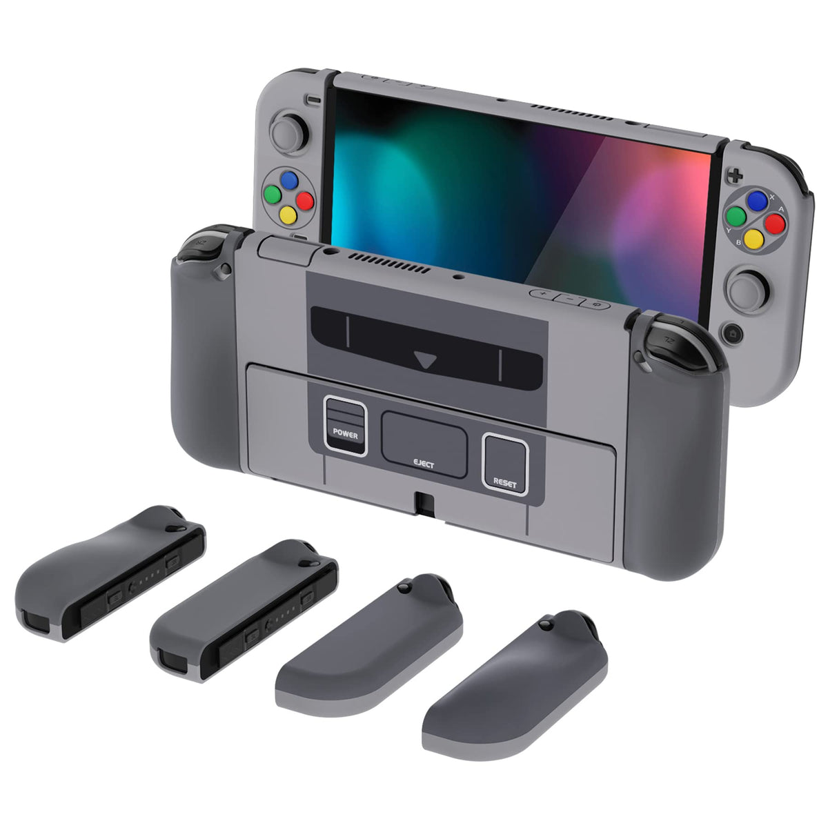 PlayVital AlterGrips Protective Slim Case for Nintendo Switch OLED Ergonomic Grip Cover for Joycon Dockable Hard Shell for Switch OLED w/Thumb Grip Caps & Button Caps - SFC SNES Classic EU Style