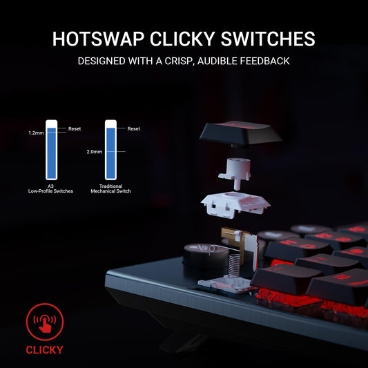 Hexgears Immersion A3 Low-Profile Wireless Mechanical Keyboard - TKL, Clicky, RGB Backlit, Midnight Black, 5800mAh Battery, BT5.0/2.
