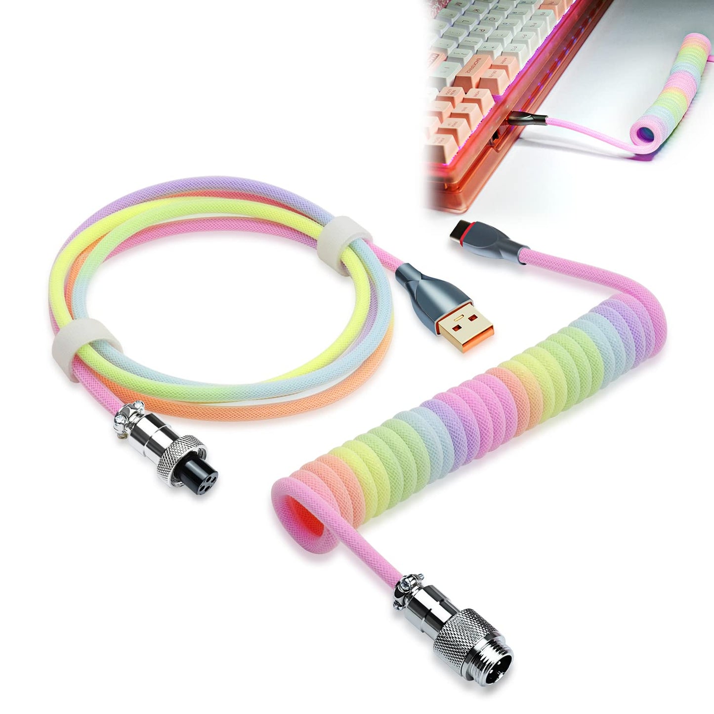 UCINNOVATE Pro Coiled USB C Cable for Mechanical Keyboard - Double-Sleeved Detachable Metal Aviator 1.8M USB-C to USB-A (Rainbow)