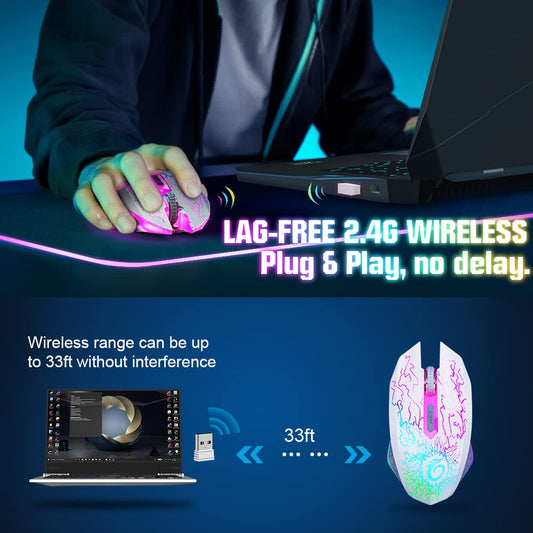 VersionTECH. Wireless Gaming Mouse - Rechargeable, 7 LED Lights, 6 Programmable Buttons, 2.4G USB, 3 Adjustable DPI - White, Model GM-03