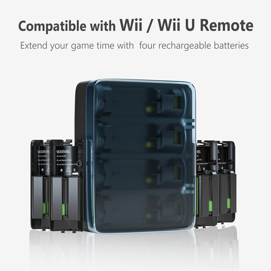NATNO Wii & Wii U Battery Charger - 4pcs 2800mAh NiMH Rechargeable Packs with 4-in-1 Station, Black