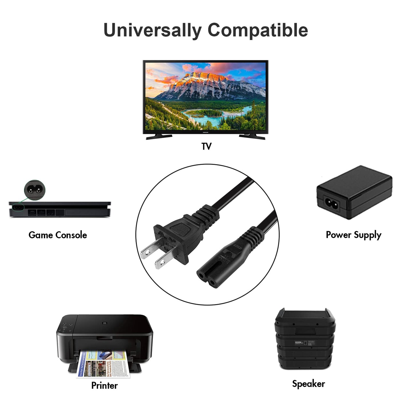 TPLTECH AC Power Cord for PS5/PS4/Xbox Series S/X, 3 ft, Black, Model CX-01, Universal 2 Prong Replacement Cable