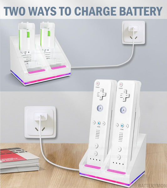 BatteryMon Dual Charging Station Dock for Wii/Wii U - Includes 2x 2800mAh Rechargeable Battery Packs and USB Cable