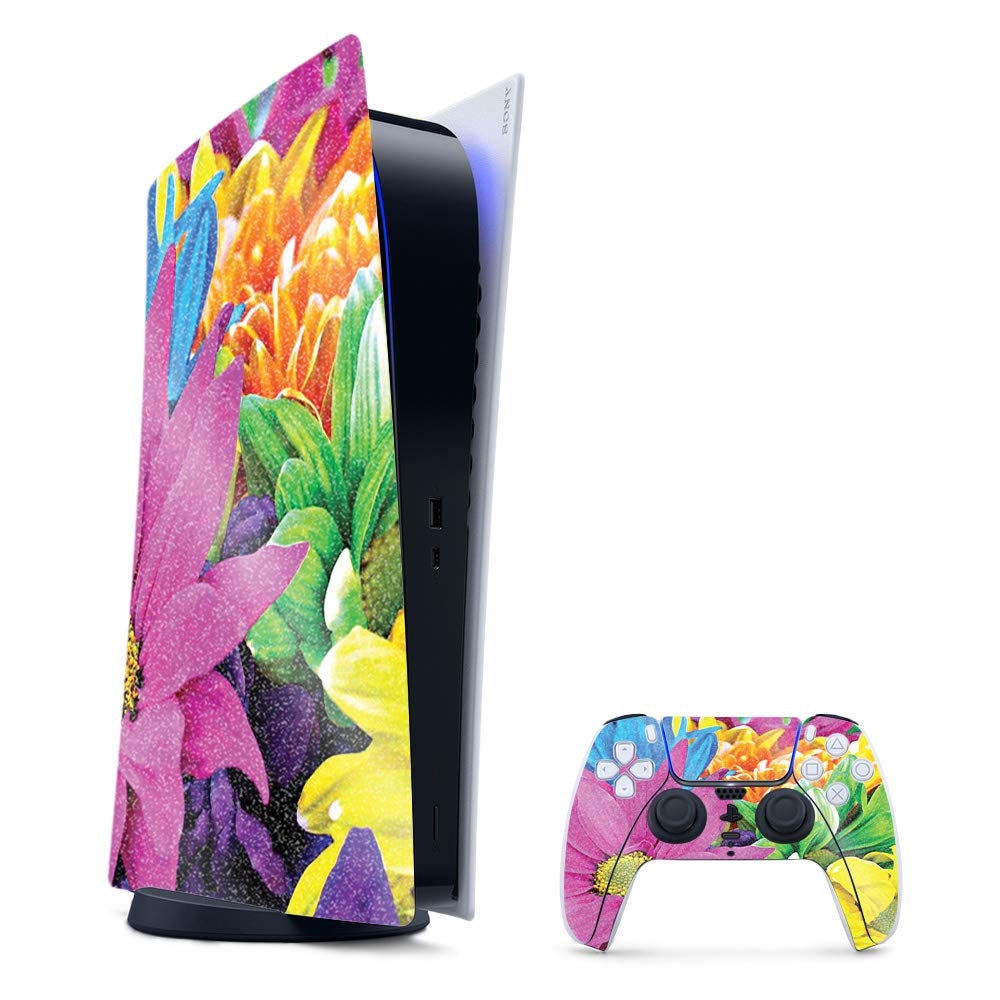 MightySkins Glossy Glitter Gaming Skin for PS5 / PlayStation 5 Digital Edition Bundle - Colorful Flowers | Durable High-Gloss Glitter Finish | Easy to Apply Change Style | Made in The USA