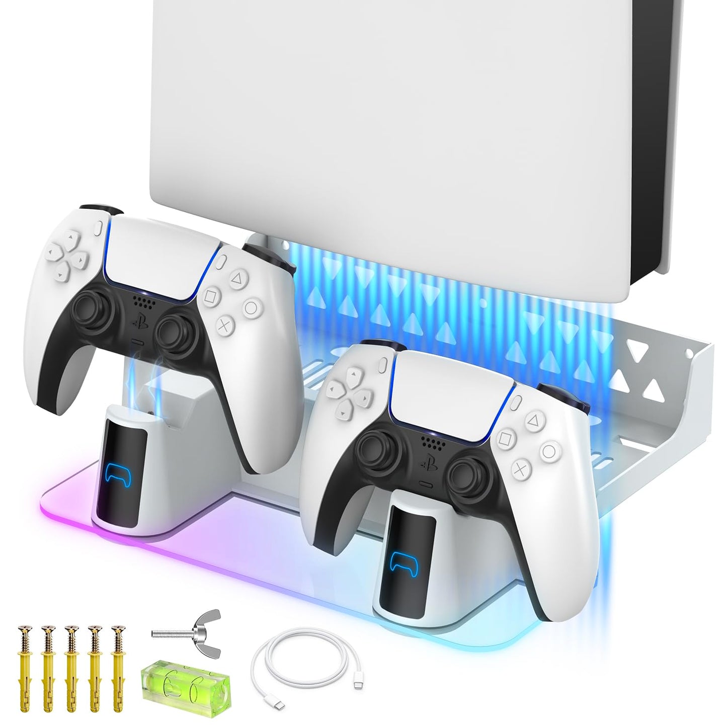 MEQI PS5 Wall Mount Kit Accessories with Charging Station Metal Wall Hanging Stand with Multi-Mode RGB Light for Playstation 5/PS5 Slim/PS5 Pro Console Disc/Digital versions