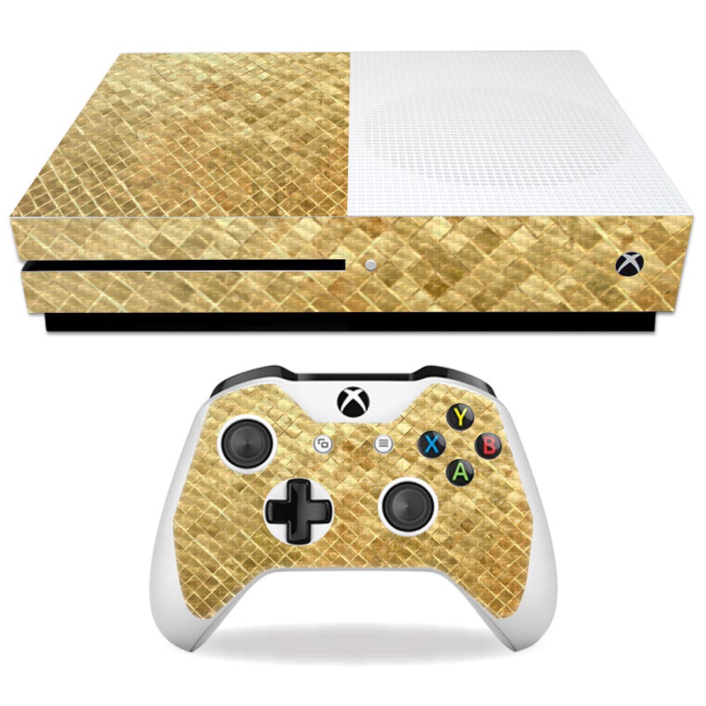 MightySkins Carbon Fiber Skin for Microsoft Xbox One S - Gold Tiles | Protective Durable Textured Carbon Fiber Finish | Easy to Apply Remove and Change Styles | Made in The USA