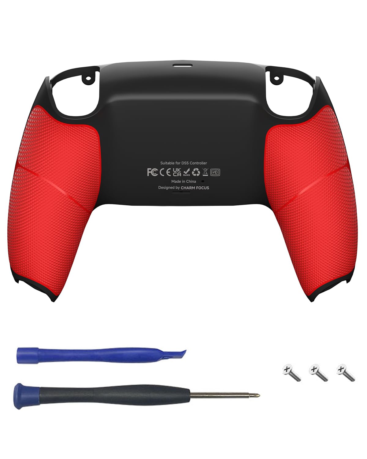 CHARM FOCUS Back Shell Grip Cover Compatible with PS5 Controller Soft Rubber Overmold and Anti-Slip Diamond Texture Seamless-Fit Replacement for PS5 Controller Shell Black/Red