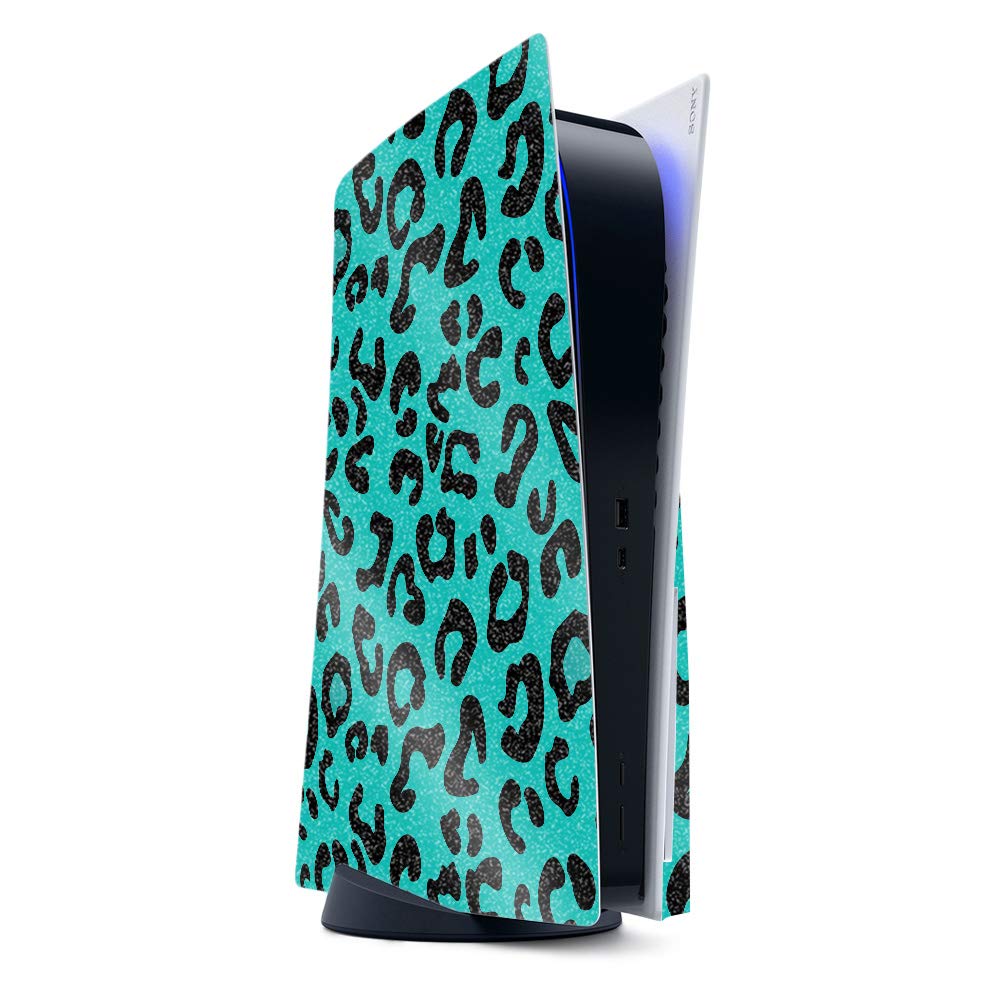 MightySkins Glossy Glitter Gaming Skin for PS5 / PlayStation 5 - Teal Leopard | Durable High-Gloss Glitter Finish | Easy to Apply and Change Style | Made in The USA