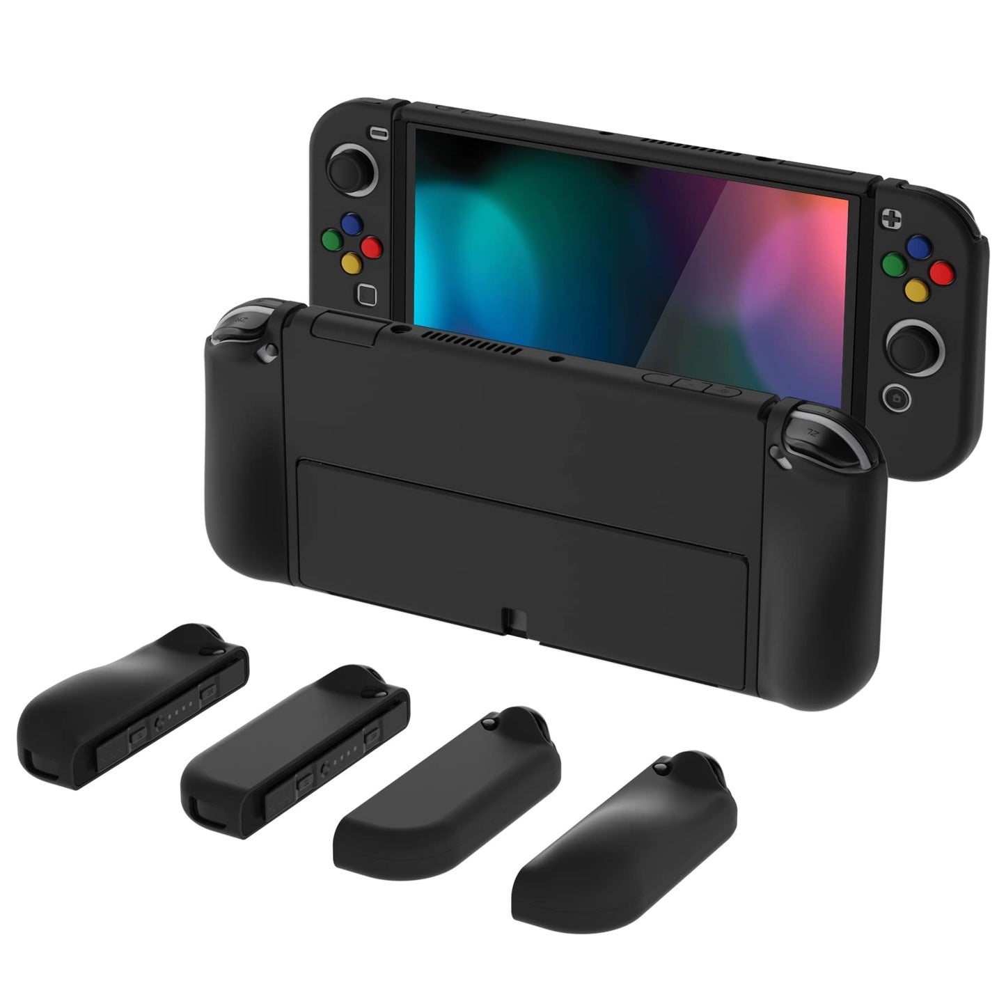 PlayVital AlterGrips Protective Slim Case for Nintendo Switch OLED Ergonomic Grip Cover for Joycon Dockable Hard Shell for Switch OLED w/Thumb Grip Caps & Button Caps - Black