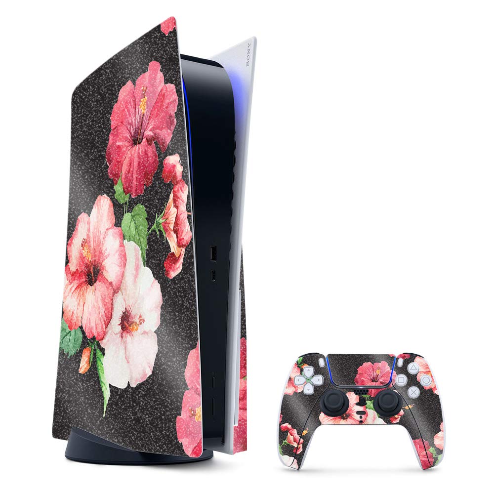 MightySkins Glossy Glitter Gaming Skin for PS5 / PlayStation 5 Bundle - Hibiscus | Durable High-Gloss Glitter Finish | Easy to Apply and Change Style | Made in The USA