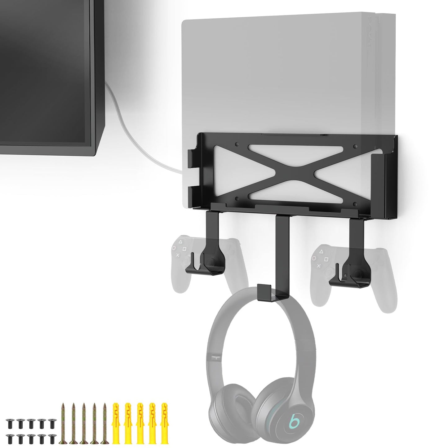 Wall Mount Compatible for PS4 Metal Wall Mount Compatible for PS4 Original (Old Model) Mount on The Wall or on The Back of The TV with 2 Controller Holder & Headphone Hanger