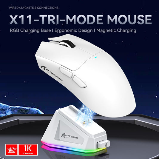 ATTACK SHARK X11 Ultra-Light Gaming Mouse with 22K DPI, 5 Buttons, Magnetic Charging Stand, White