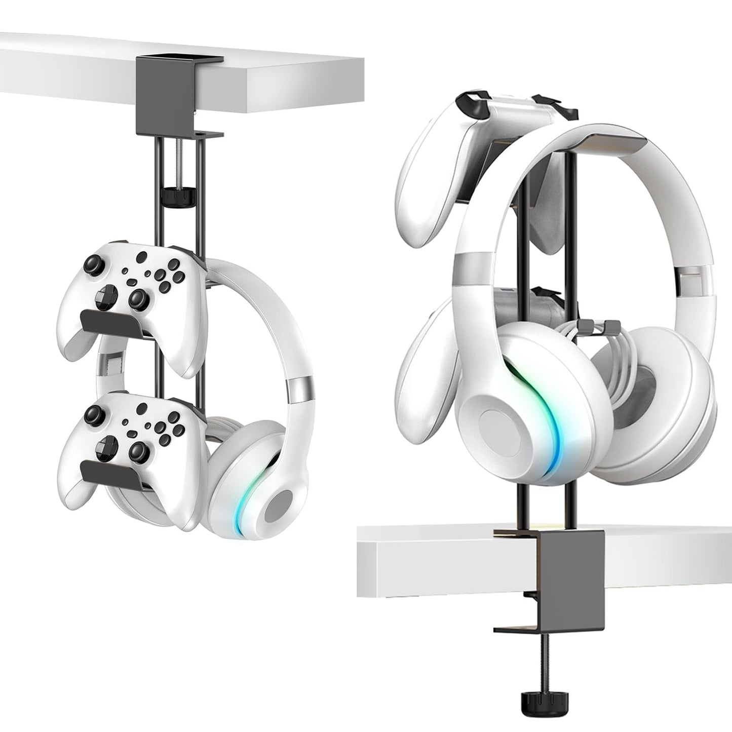 TpeeTeek Headphone Stand with Controller Holder Aluminum Under Desk Clamp Headset and Controller Stand - 2 in 1 Headphone Hanger for Desktop PC Gaming Accessories Organizer with PS5 Xbox Series S