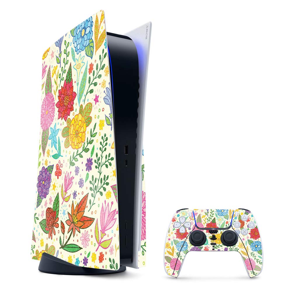 MightySkins Glossy Glitter Gaming Skin for PS5 / PlayStation 5 Bundle - Flower Garden | Durable High-Gloss Glitter Finish | Easy to Apply and Change Style | Made in The USA