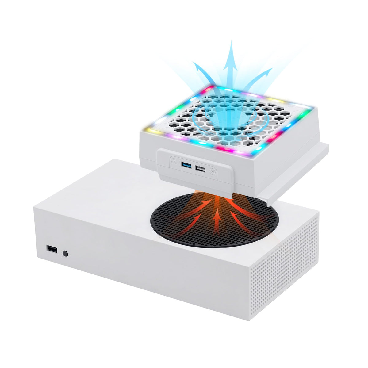 Mcbazel Cooling Fan for Xbox Series S RGB LED Display Low Noise 2 Extra USB Ports 3 Level Adjustable Speed External Cooler Fan for Xbox Series S Console Only - White